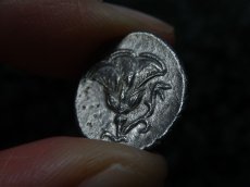 画像15: 古代ギリシャコイン(額装付き)　カリア地方　ミラーサ　ドラクマ銀貨　前１７０－前１３０年　太陽神ヘリオスと鳥　横から見たバラの花 (15)