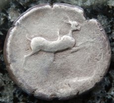 ギリシャコイン　シチリア島・メッサーナ　テトラドラクマ銀貨　前5世紀　古代オリンピック、ラバのカートレース　ウサギ　古代オリンピック種目ラバのカートレースが刻まれたコイン