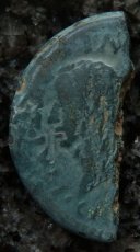 ローマコイン　属州貨(ガリア・ヴィエンヌ)　前36年以降　半分に割られたアス銅貨　ユリウス・カエサルの肖像　ガレー船　カエサルの植民市ヴィエンヌの半分に割られたアス貨