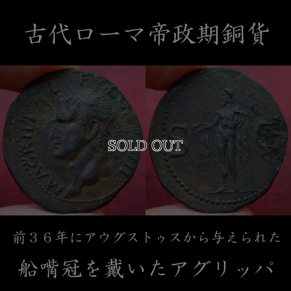古代ローマコイン　帝政期　カリグラ　アス銅貨　３７-４１年　船嘴冠を戴いたアグリッパの肖像