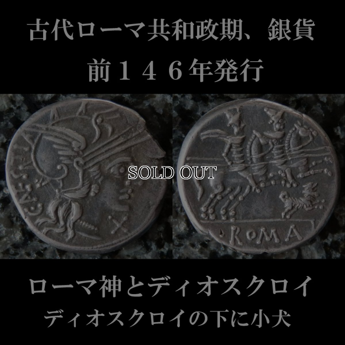 古代ローマコイン　共和政期　前１４６年　デナリウス銀貨 　ガイウス・アンテスティウス　ディオスクロイの下に子犬が刻まれた珍しいタイプ