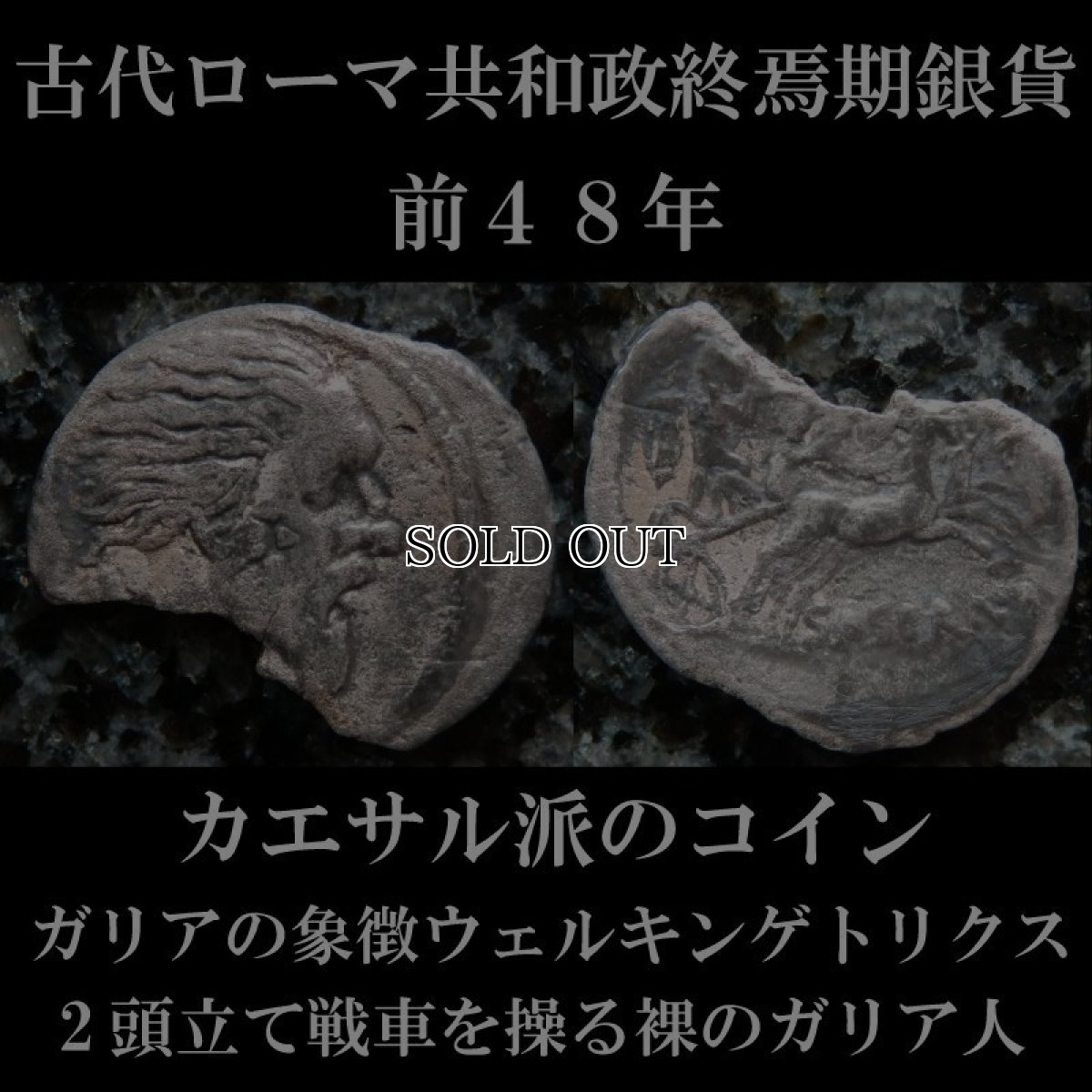 古代ローマコイン　共和政終焉期　前４８年　ホスティリウス・サセルナ　デナリウス銀貨　ガリア男性(ウェルキンゲトリクス？)　２頭立て戦車を操る裸のガリア人　カエサルのガリア征服を称えたコイン