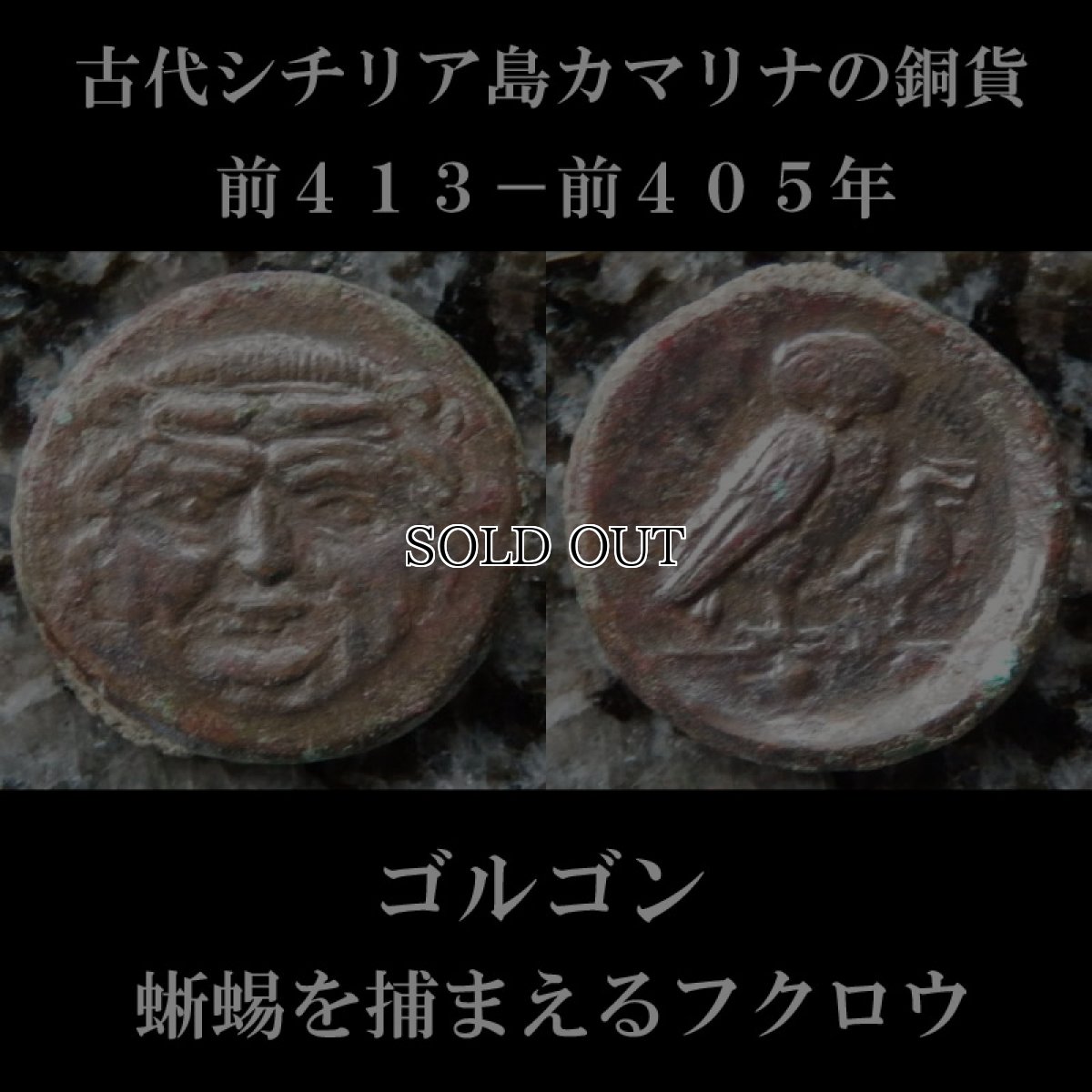 画像5: 古代ギリシャコイン(額装付き)　シチリア島　カマリナ　銅貨　前４１３－前４０５年　ゴルゴン　トカゲを捕まえるフクロウ (5)