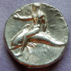 画像3: 古代ギリシャコイン　イタリア・カラブリア州タラス　スタテル銀貨　前２８１－前２７２年　イルカに乗るタラスの銀貨 (3)