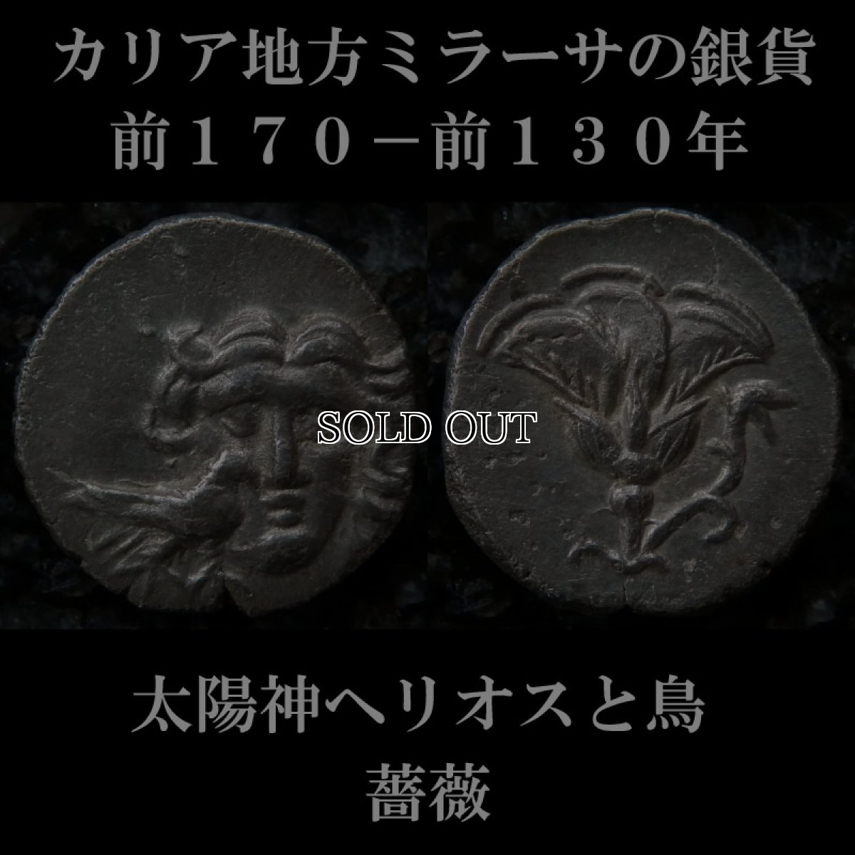 画像6: 古代ギリシャコイン(額装付き)　カリア地方　ミラーサ　ドラクマ銀貨　前１７０－前１３０年　太陽神ヘリオスと鳥　横から見たバラの花 (6)