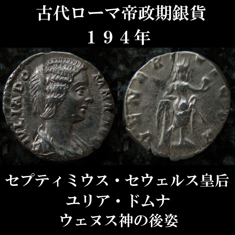 古代ローマコイン 帝政期 セプティミウス・セウェルス 皇后ユリア・ドムナ デナリウス銀貨 194年 ユリア・ドムナ肖像 ウェヌス神の後姿