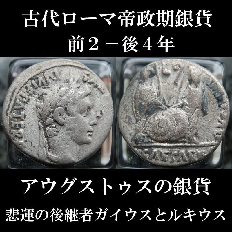 画像1: 古代ローマコイン　帝政期　アウグストゥス　前２－後4年　デナリウス銀貨　アウグストゥス肖像　アウグストゥスの孫、ガイウスとルキウス　悲運の後継者ガイウスとルキウスが表されたアウグストゥスの銀貨  (1)