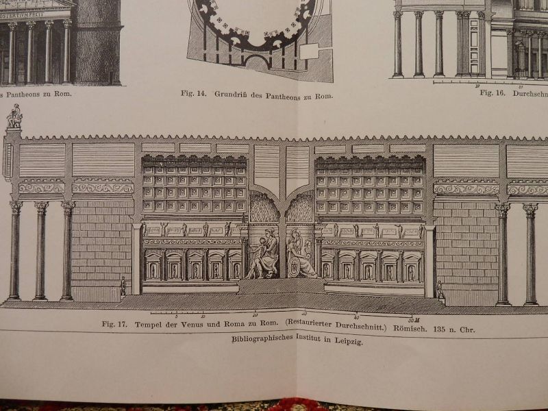 古代ローマ建築物 版画 １８９０年頃 ローマのパンテオンやウェヌス神殿の詳細図