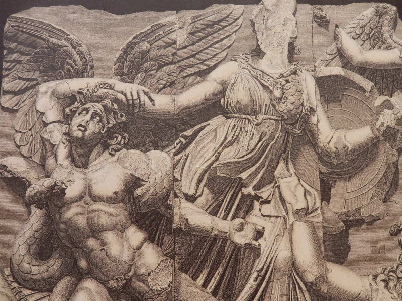 ペルガモンの祭壇 巨人族を倒すアテナとニケ 版画 １８９０年頃